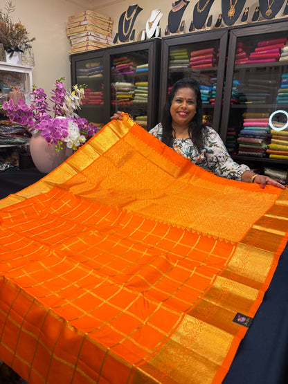 Kanchipuram Pure Silk Saree Orange Kanjivaram Sari SPK206