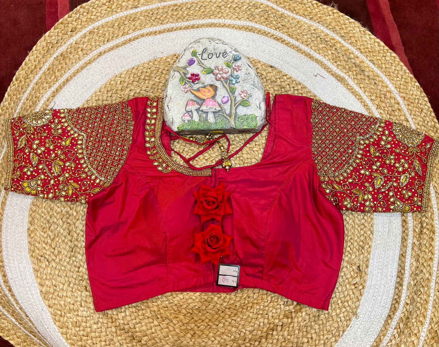 40” Bridal Aari hand Worked Sari Blouse Indian Top Choli Silk Red B39