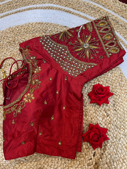 40” Bridal Aari hand Worked Sari Blouse Indian Top Choli Silk Red B40