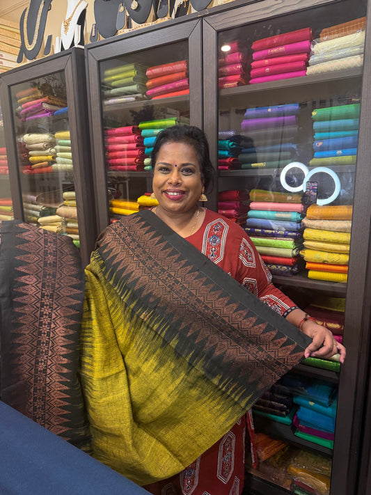 Silk Cotton Linen Sari Indian Saree Copper Jari Mehendi Green Black S127