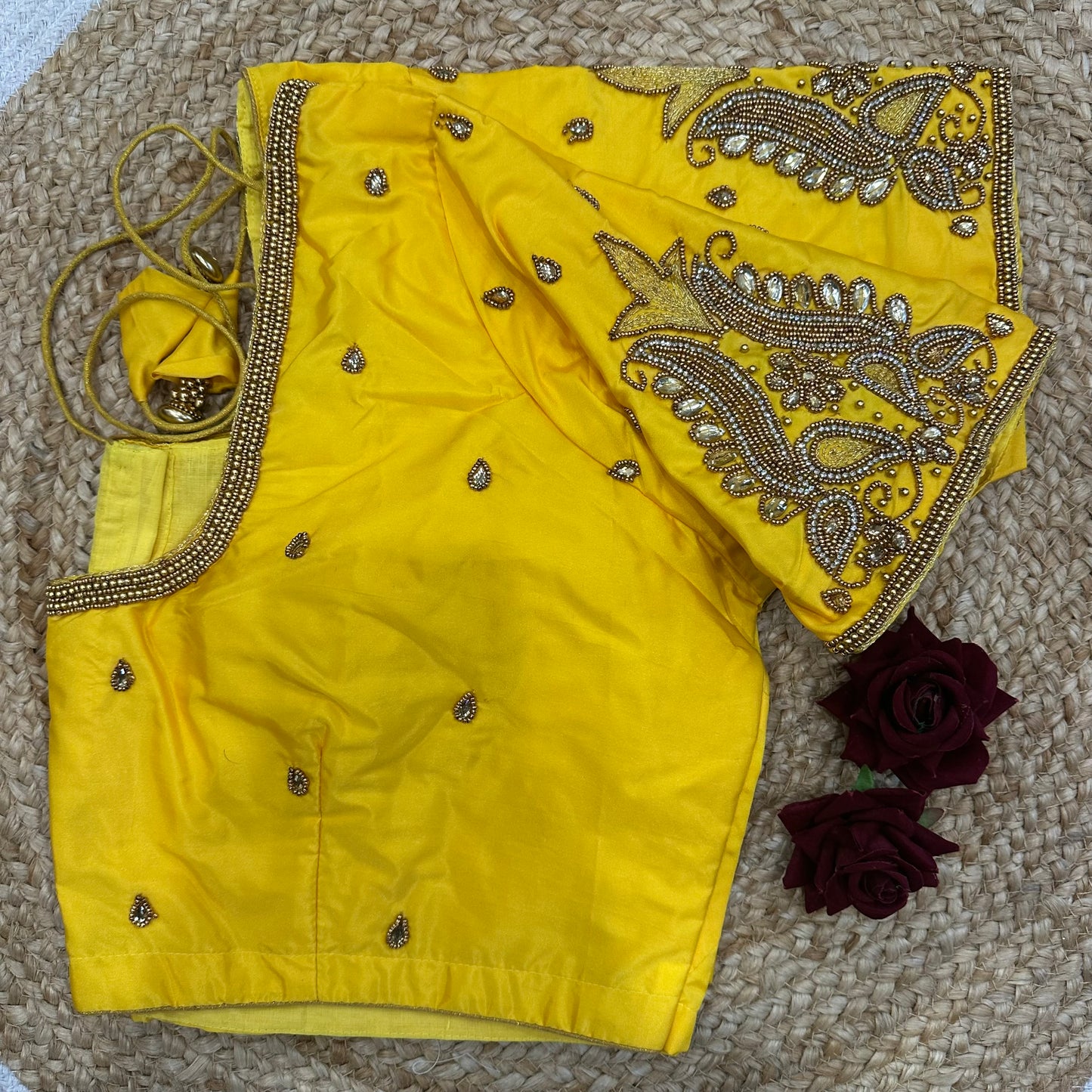 46” Size 16 Aari Worked Sari Blouse Indian Saree Top Silk Yellow B412