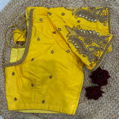 46” Size 16 Aari Worked Sari Blouse Indian Saree Top Silk Yellow B412