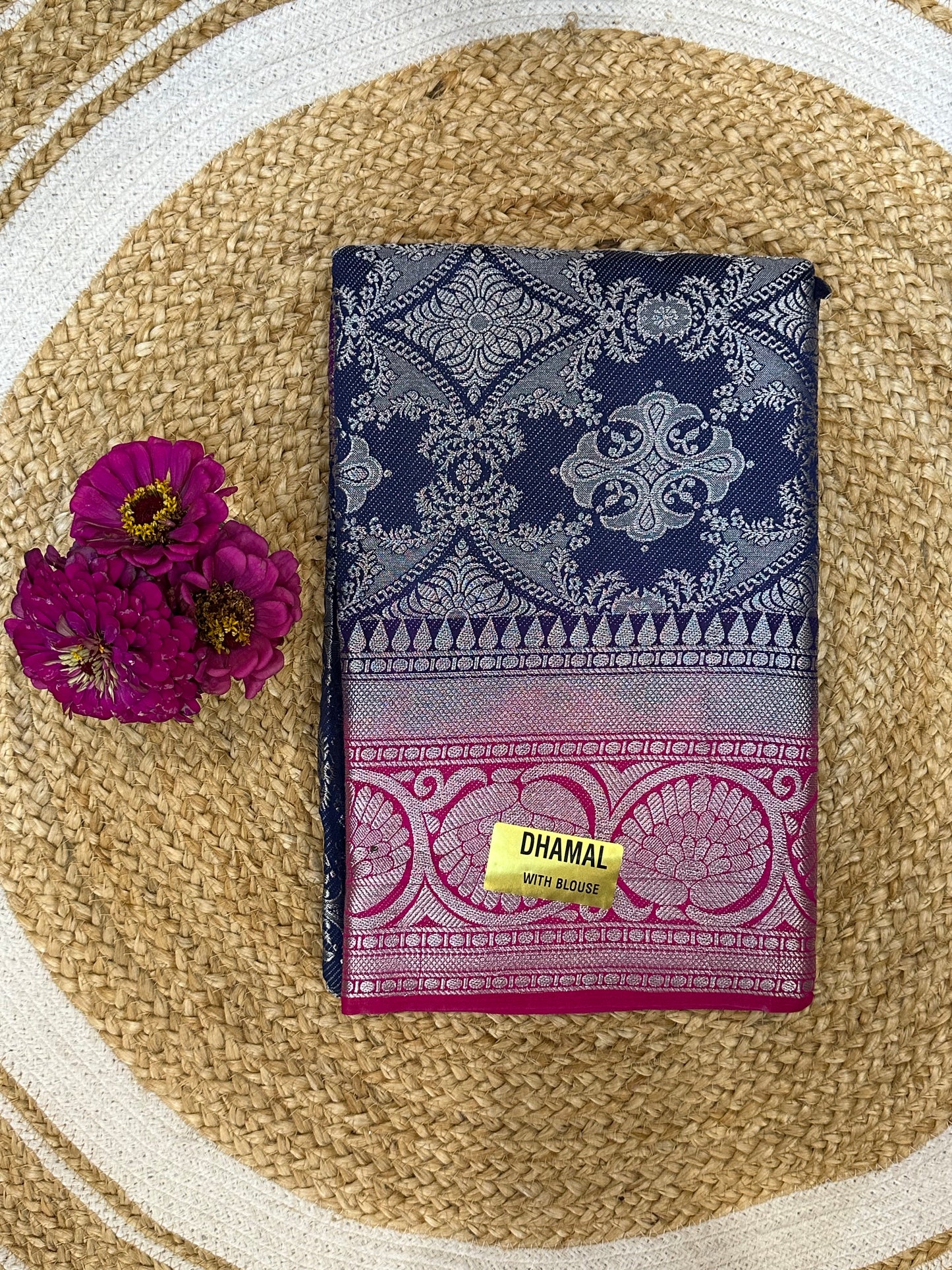 Bangalore Silk Sari Indian Fancy Saree Blue & Pink S68