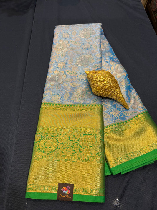 Semi Silk Indian Bridal Tissue Kanjivaram / Kanchipuram Sari Blue Saree SEMI1