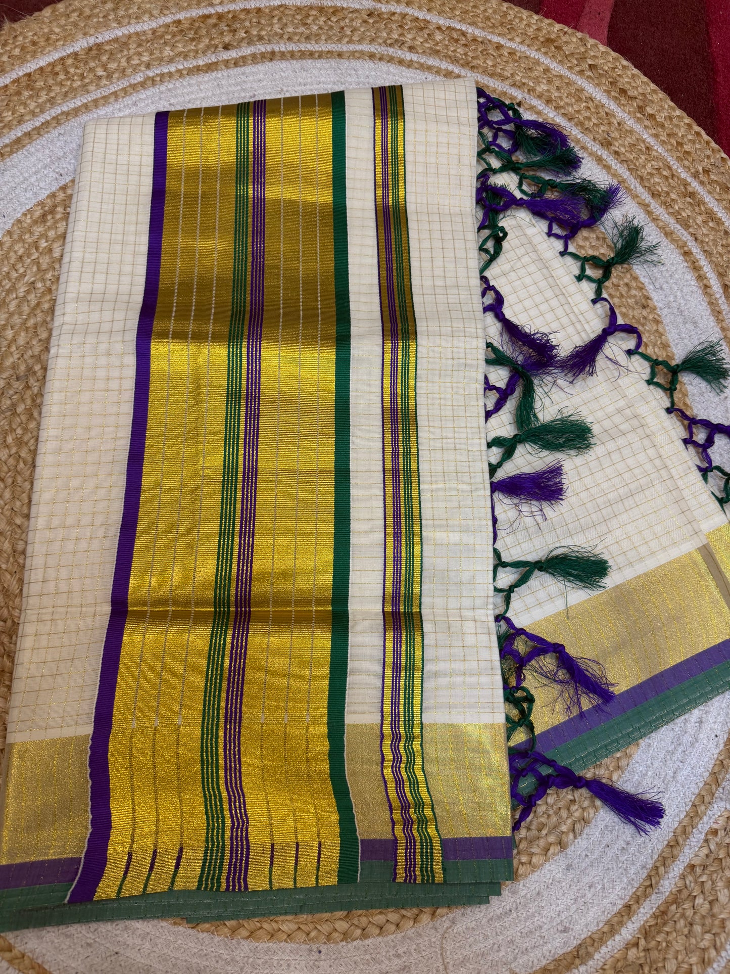 Kerala Vishu Sari Indian hand Printed Kasavu Onam Saree C36 Col 6