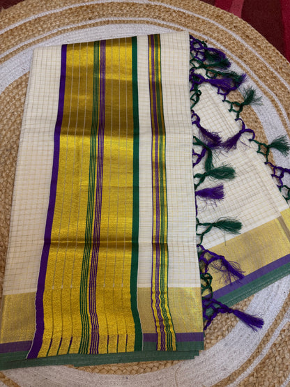 Kerala Vishu Sari Indian hand Printed Kasavu Onam Saree C36 Col 6