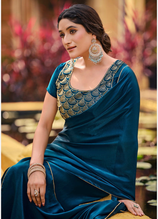 Blue Indian Fancy Party wear Saree Fendi Silk Bollywood Sari C24