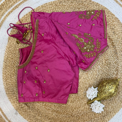 46” Size 16 Aari Worked Sari Blouse Indian Saree Top Silk Hot Pink B222