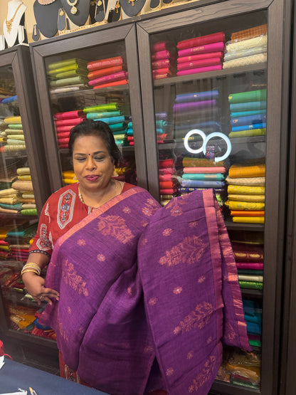 Silk Cotton Linen Sari Indian Saree Copper Jari Plum Pink S132