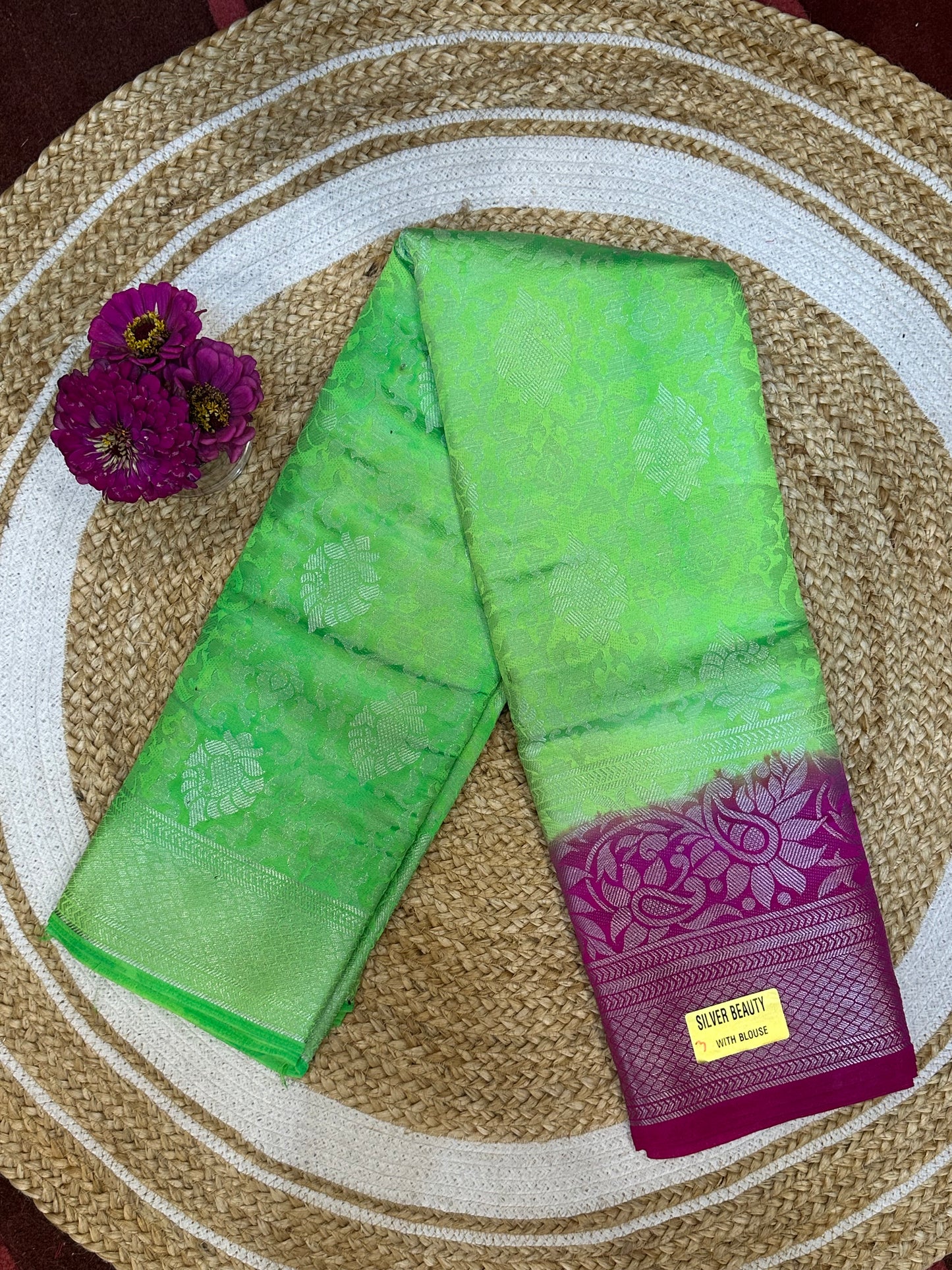 Bangalore Silk Sari Indian Fancy Saree Green & Pink S70