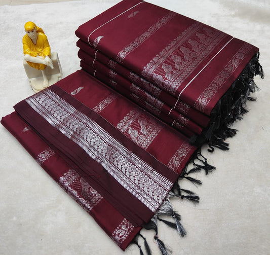 Maroon Silver Kalyani Silk Cotton Traditional Sari South Indian Saree S140