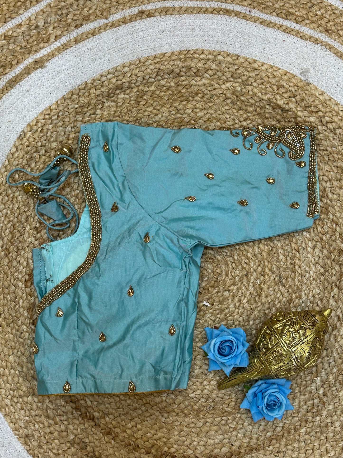 36” Small size Aari Worked Sari Blouse Indian Saree Sky Blue B212