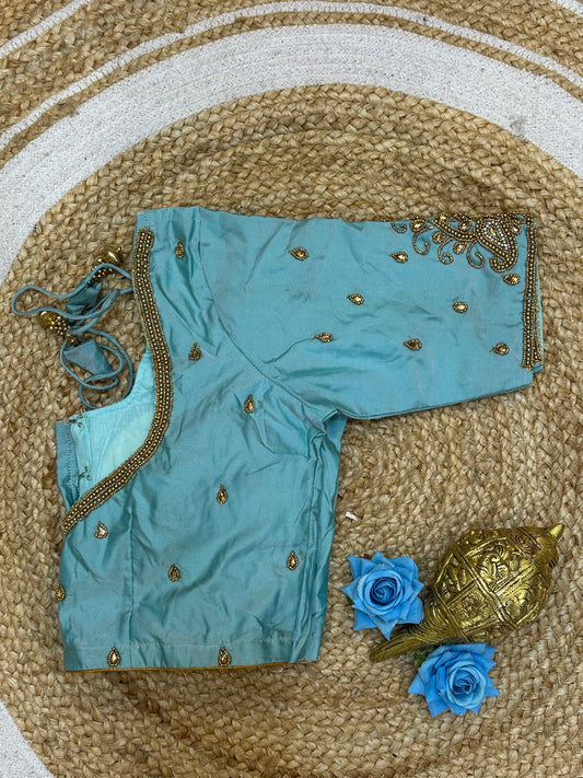 36” Small size Aari Worked Sari Blouse Indian Saree Sky Blue B212