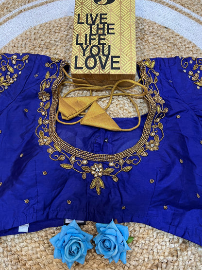 40” Aari hand Worked Sari Blouse Indian Top Choli Silk Royal Blue B33