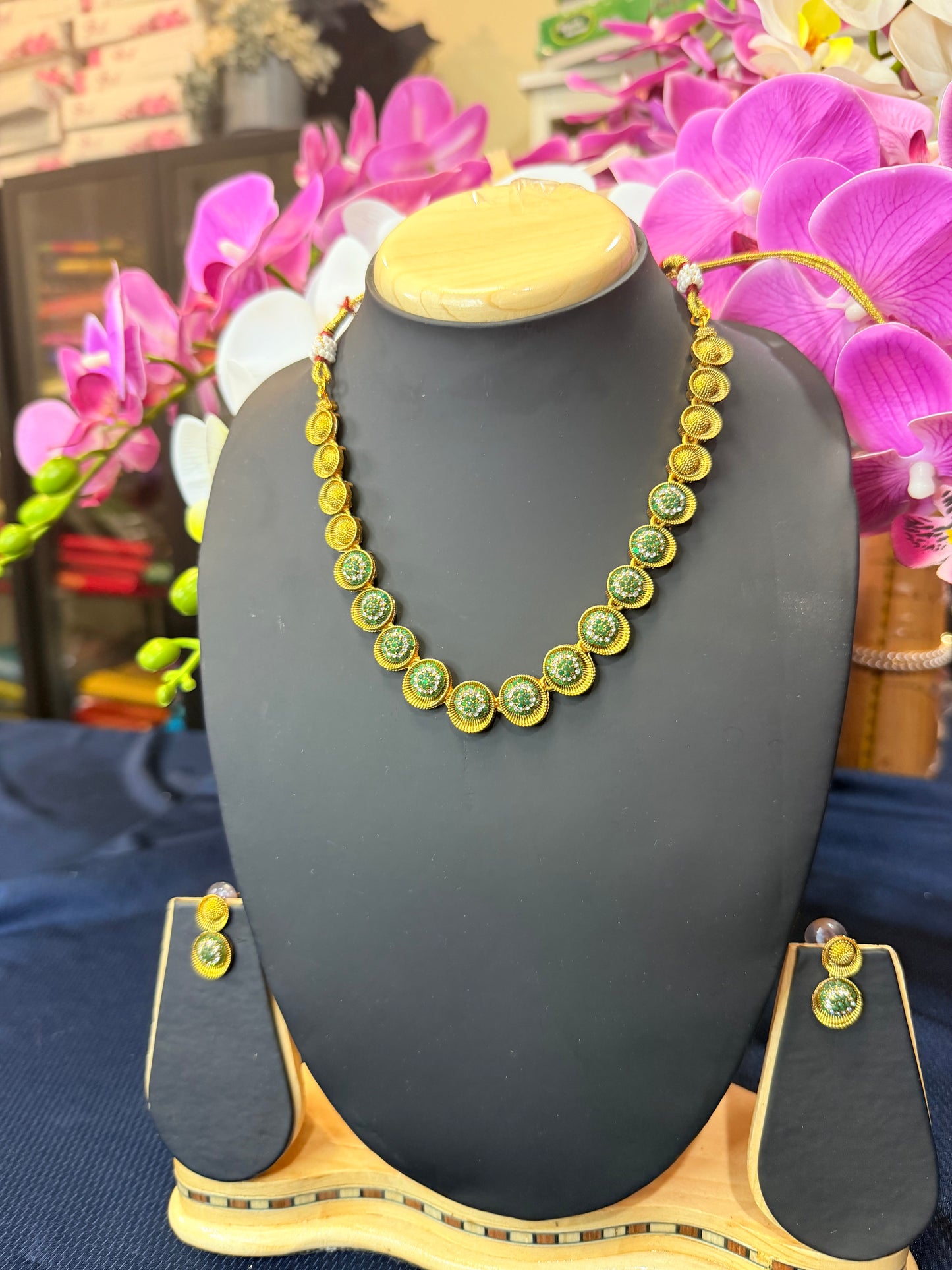 Indian Necklace & Earrings Green Addiyal Jewellery Set V4
