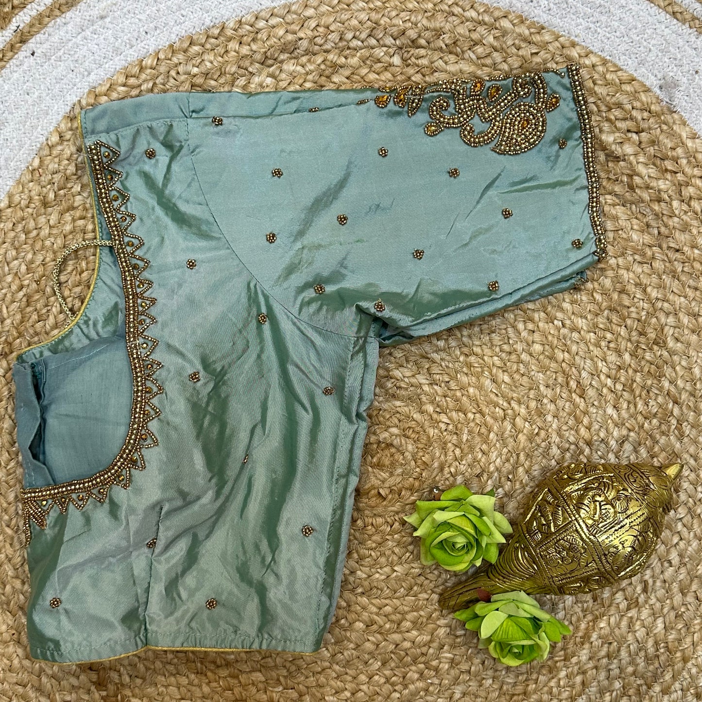 44” Size 14 Aari Worked Sari Blouse Indian Saree Top Silk Pastel Blue B246