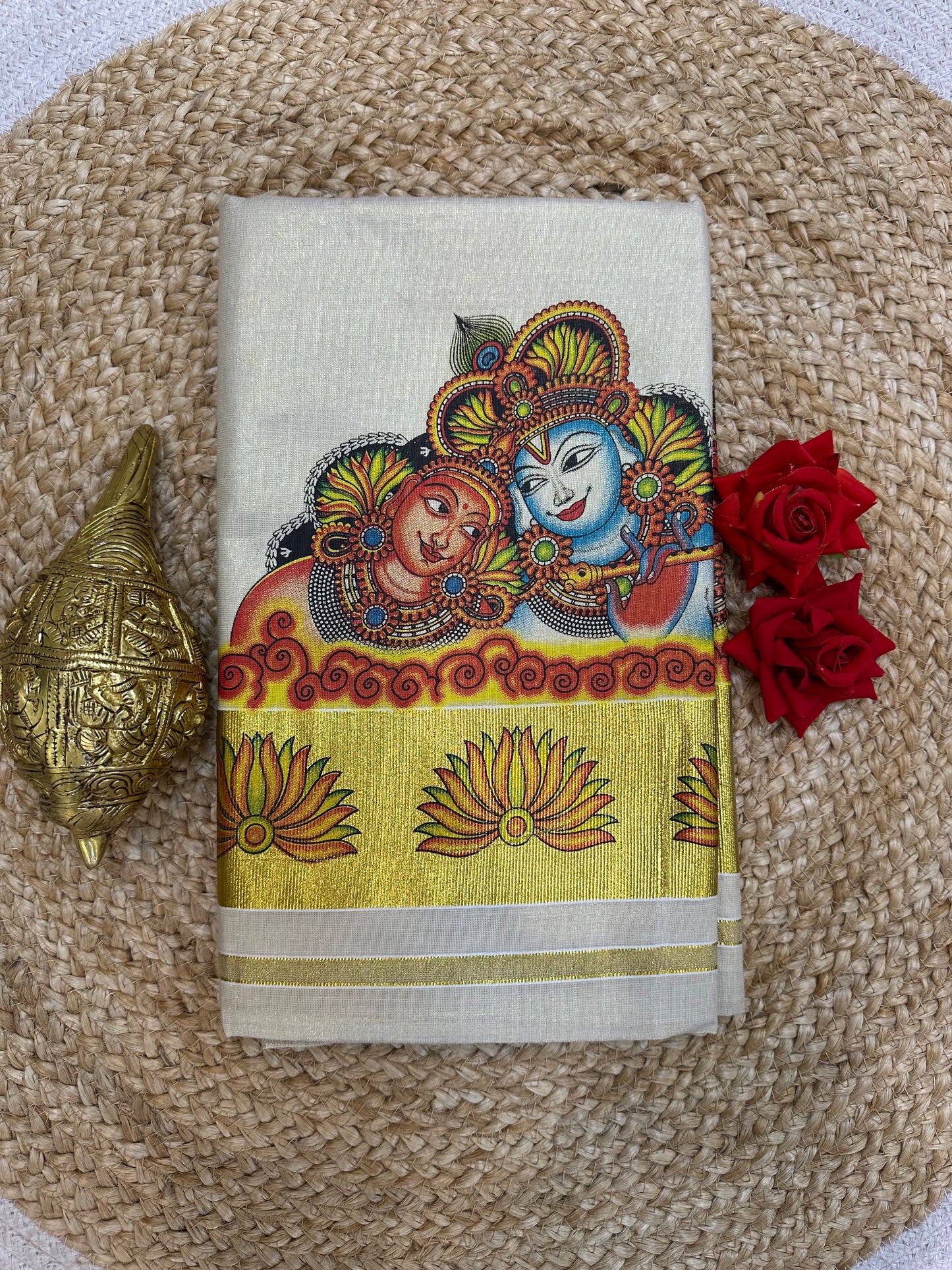 Kerala Vishu Sari Indian Cream Tissue hand Printed Saree C7 - Col 2