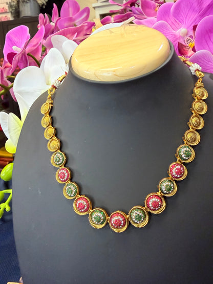 Indian Necklace & Earrings Ruby Pink & Green Multi Addiyal Jewellery Set V4