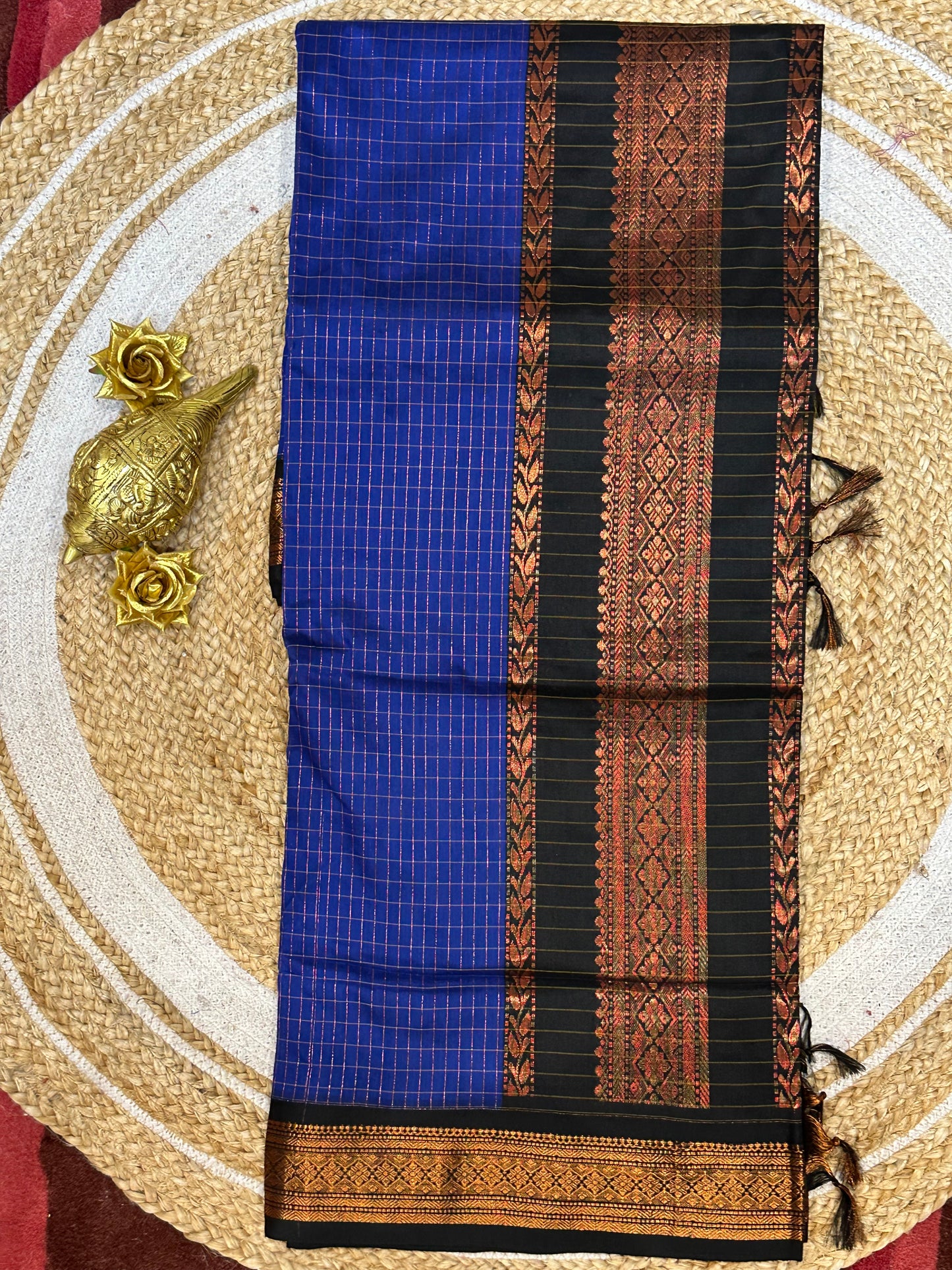 Kalyani Silk Cotton Sari Indian Saree Royal Blue & Black S56