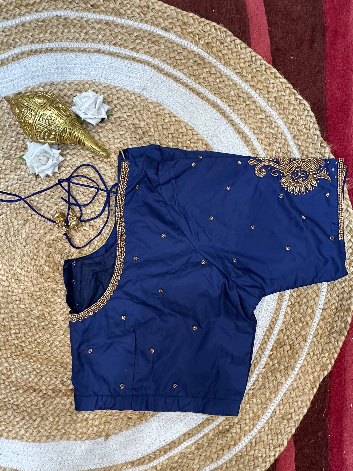 50” Size 20 Aari Worked Sari Blouse Indian Saree Top Silk Blue B61