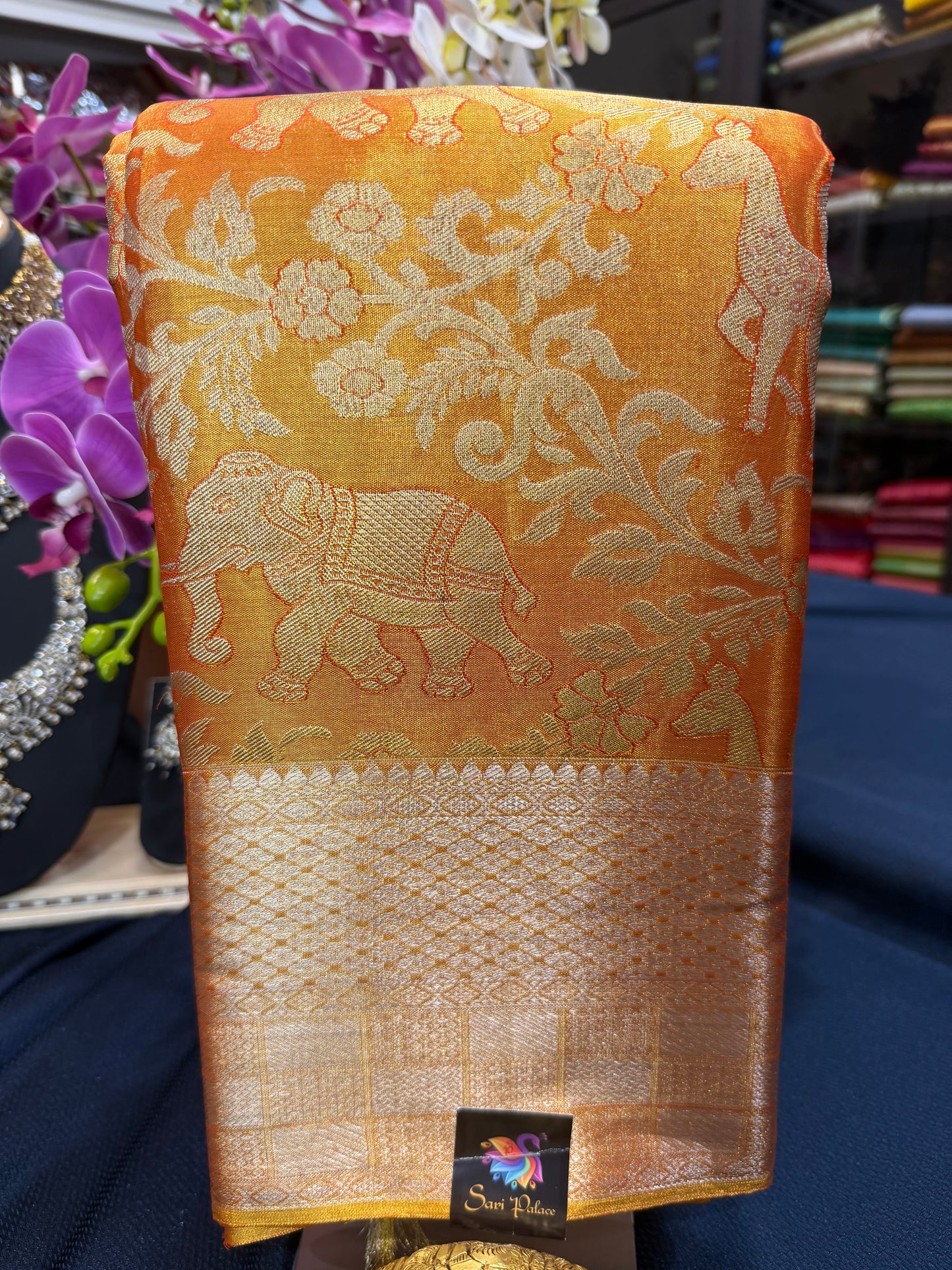 Bridal Tissue Kanchipuram Pure Silk Saree Orangish Gold Kanjivaram Sari| SPK087