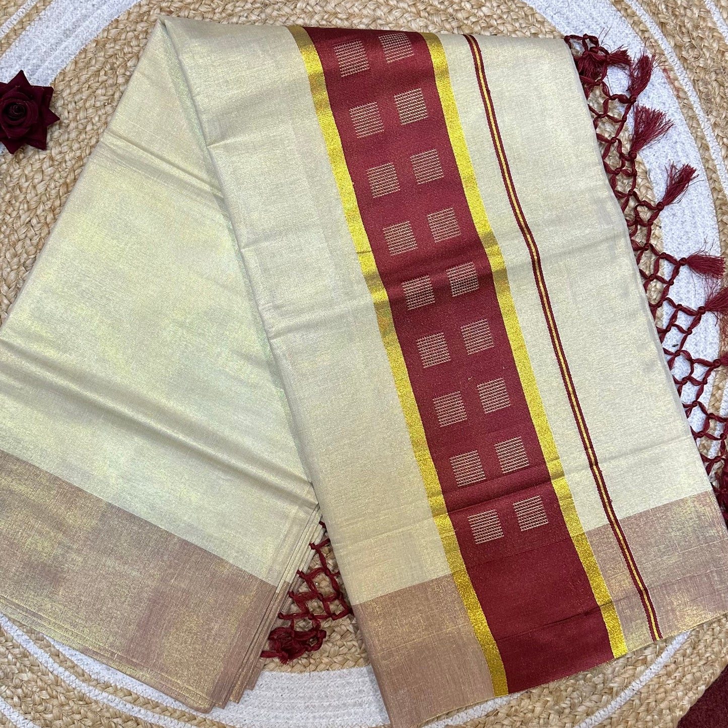 Brown Kerala Vishu Sari Indian Cream Tissue Saree C34