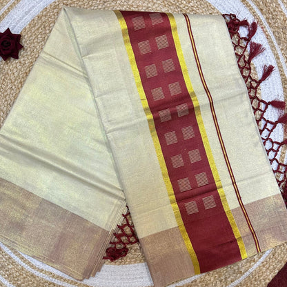 Brown Kerala Vishu Sari Indian Cream Tissue Saree C34