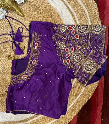 50” Size 20 Aari Worked Sari Blouse Indian Saree Top Silk purple B56