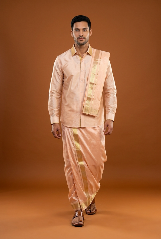 Medium Men’s South Indian Vesti Shirt Shawl Combo Semi Silk Dhotti V8