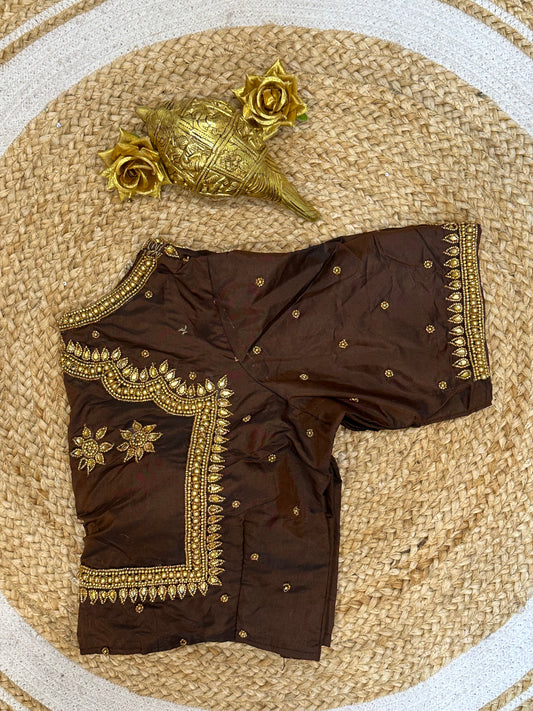 40” Size 10 Aari Worked Sari Blouse Indian Saree Top Silk Brown B70