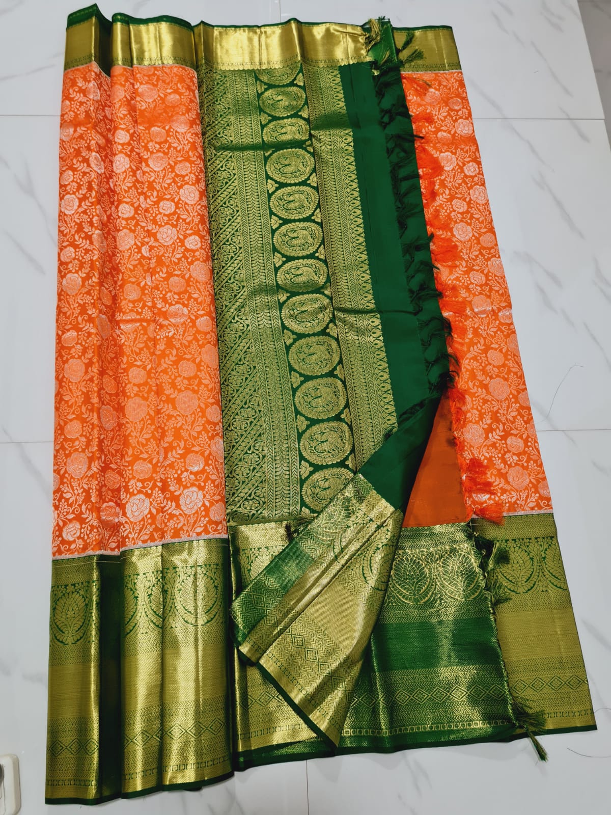 Kanchipuram Pure Silk Saree with Gold Zari Orange & Green Sari| SPK103