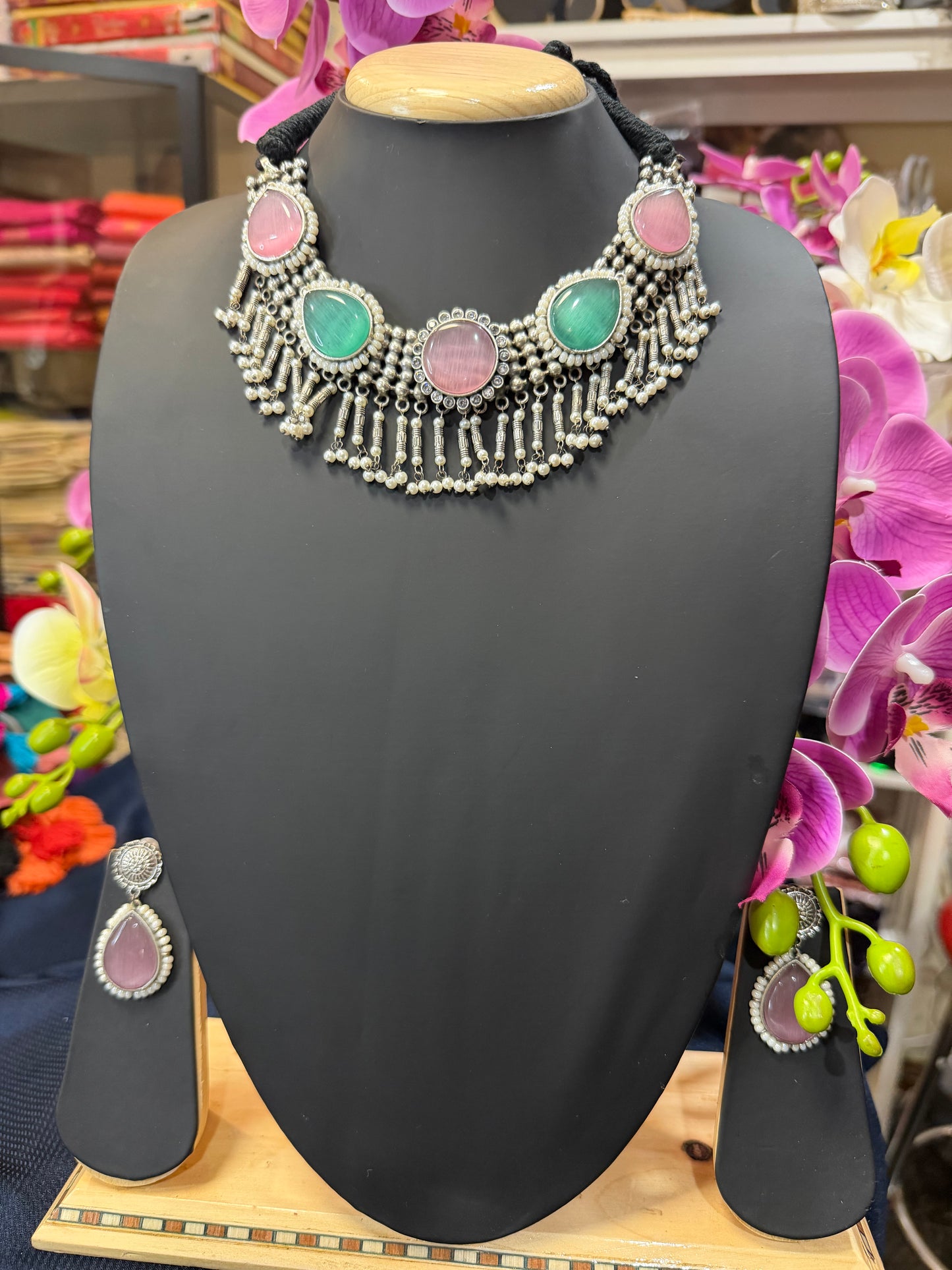 Handmade Brass Necklace with Silver polish Indian Tribal Pink Green Jewellery N98