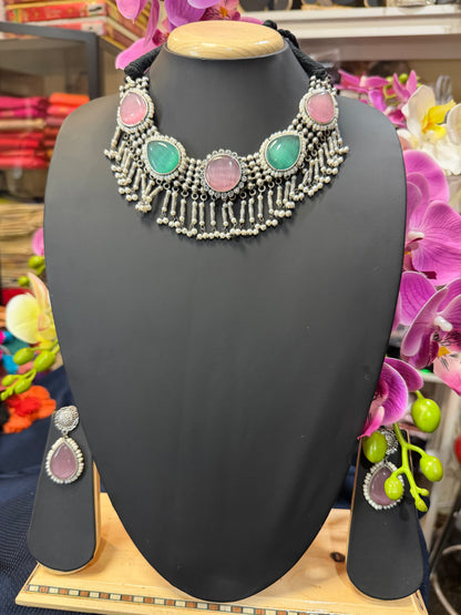 Handmade Brass Necklace with Silver polish Indian Tribal Pink Green Jewellery N98