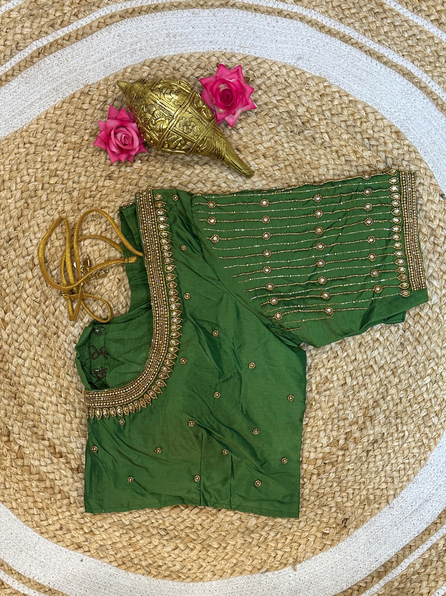 40” Size 10 Aari Worked Sari Blouse Indian Saree Top Silk Green B97