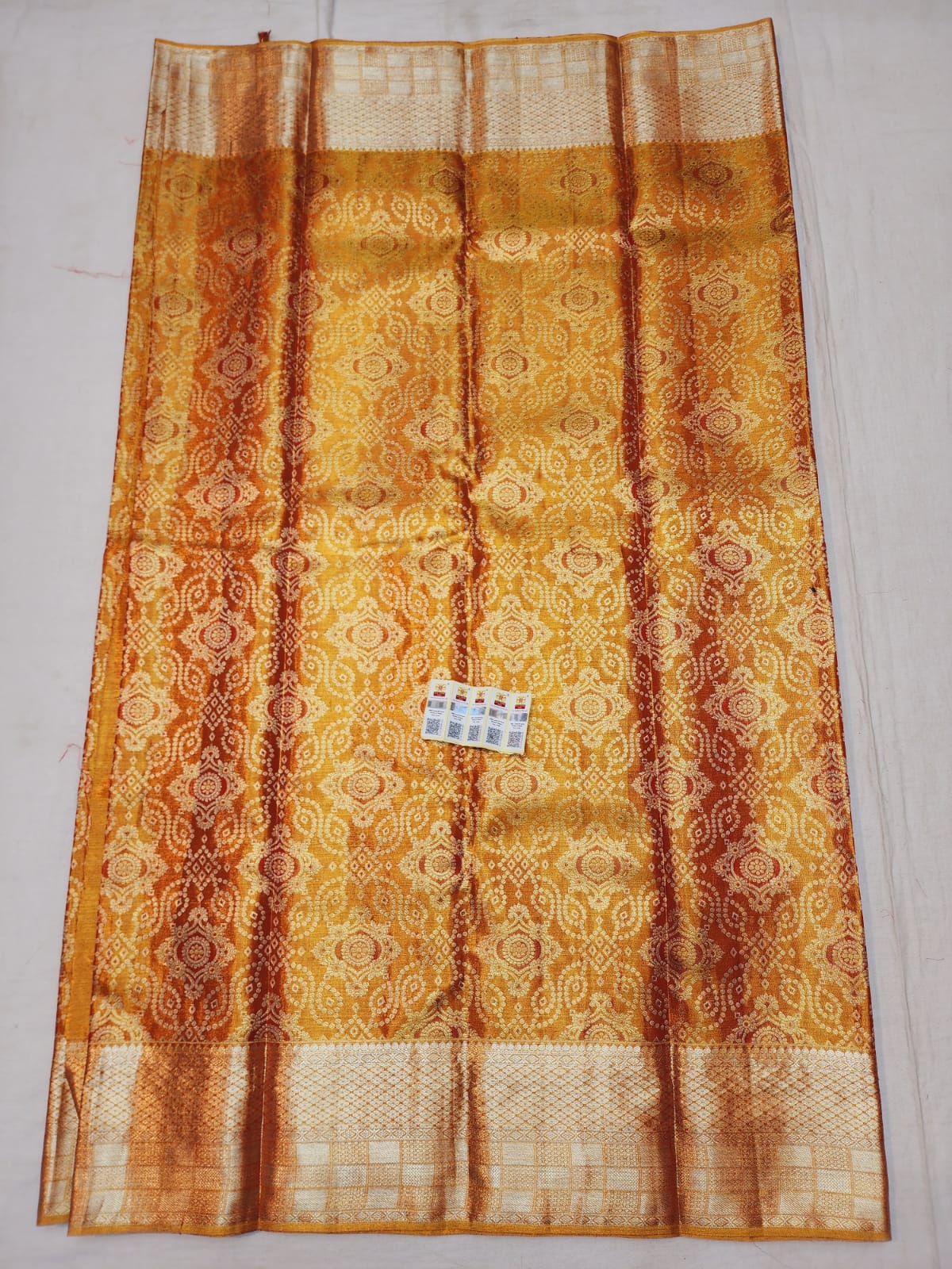 Bridal Tissue Kanchipuram Pure Silk Saree Orangish Gold Kanjivaram Sari| SPK127