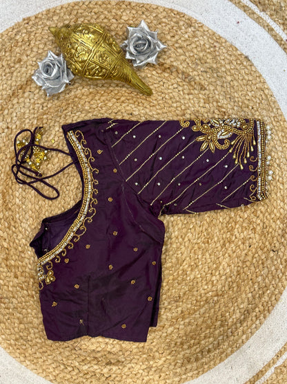 34” XSmall Aari Worked Sari Blouse Indian Saree Top Silk Purple Wine B116