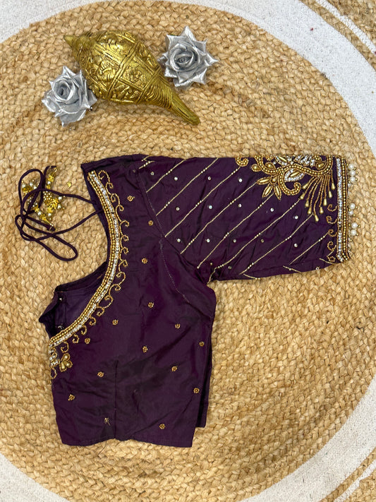 34” XSmall Aari Worked Sari Blouse Indian Saree Top Silk Purple Wine B116