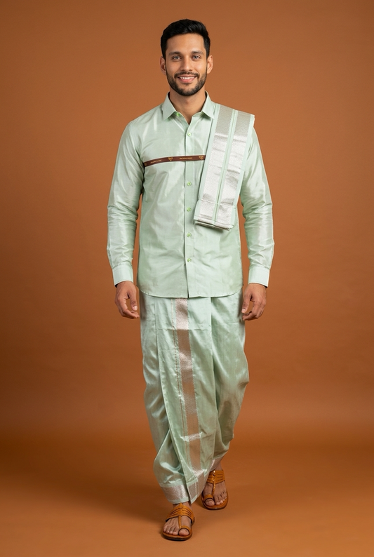 Medium Men’s South Indian Vesti Shirt Shawl Combo Semi Silk Dhotti V9