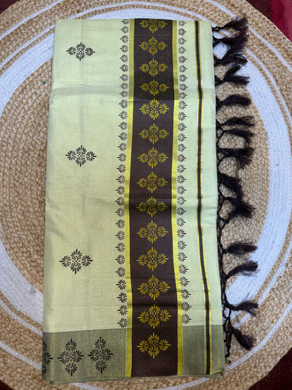 Green Kerala Vishu Sari Indian Cream Tissue Saree C9 - Col 2