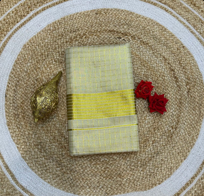 Kerala checkered Vishu Sari Indian Onam Gold Saree C16