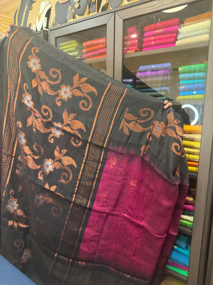 Soft Silk Cotton Linen Sari Indian Saree Copper Jari Magenta Pink Black S123