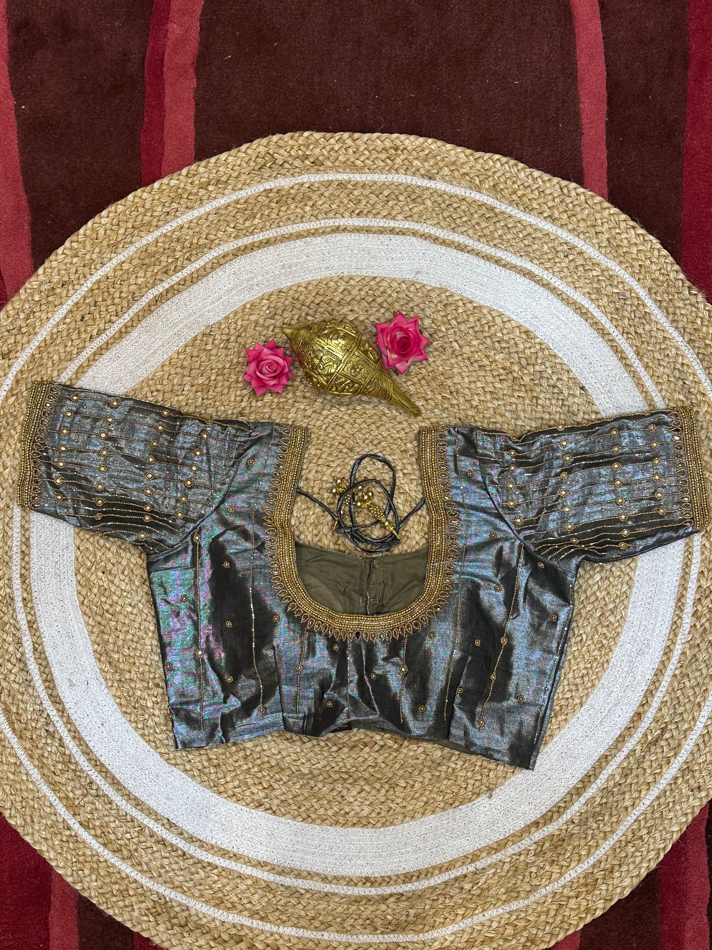 40” Size 10 Aari Worked Sari Blouse Indian Saree Top Silk Metallic Grey B89