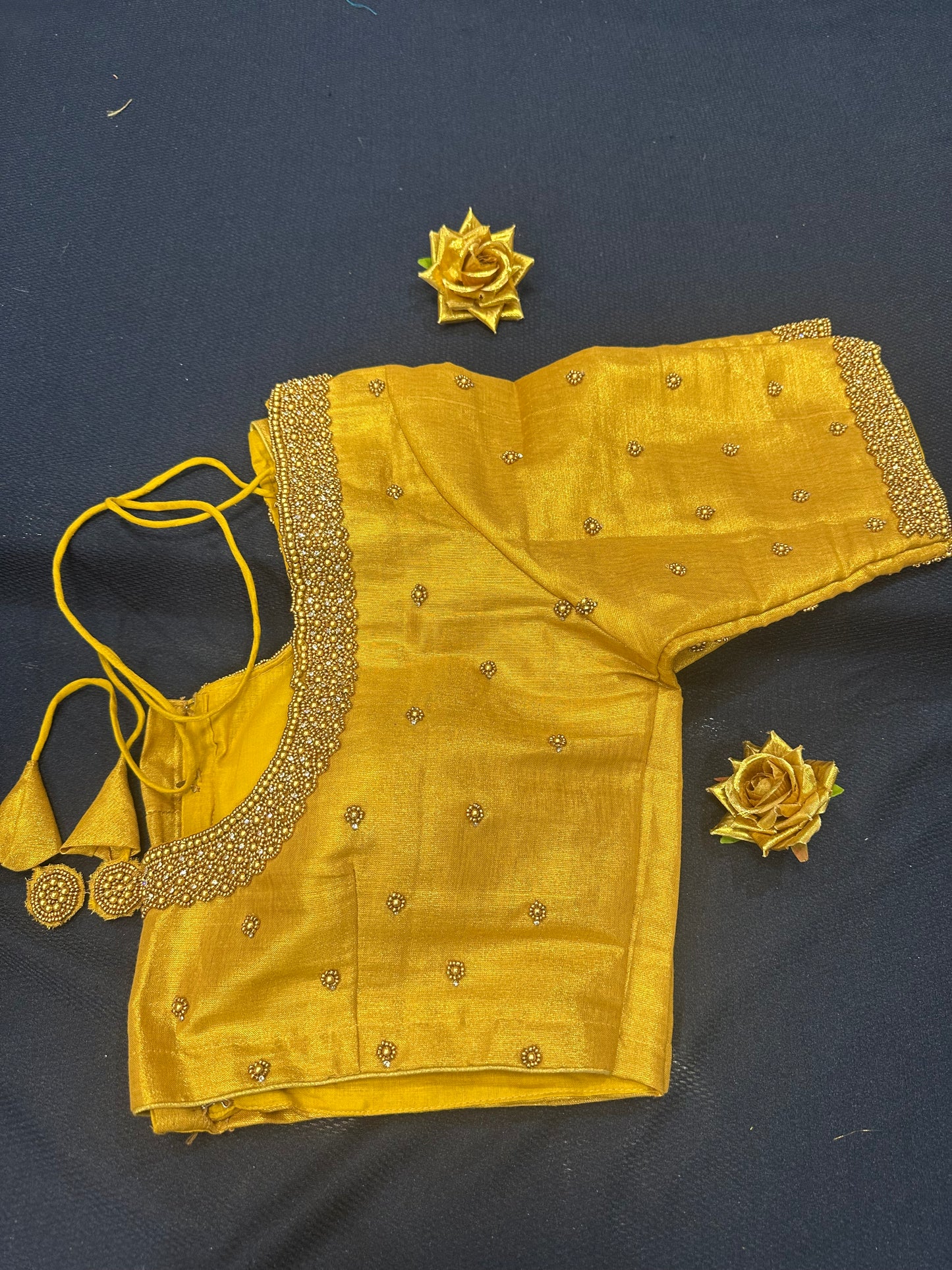 40” Aari hand Worked Sari Blouse Indian Top Choli Silk Gold B10