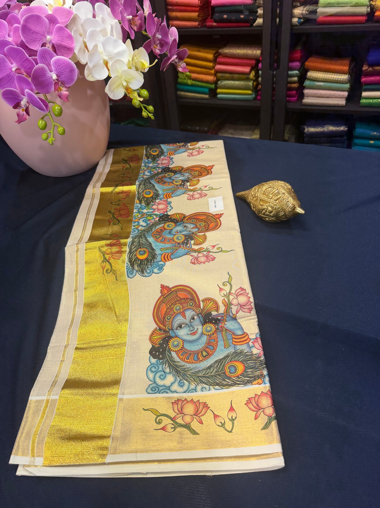 Kerala Vishu Sari Indian Cream Tissue hand Printed Onam Saree C7 - Col 6