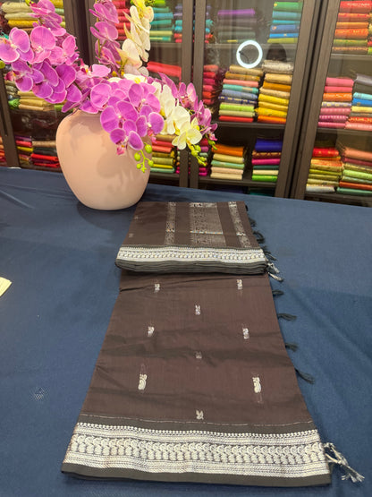 Brown Silver Kalyani Silk Cotton Traditional Sari South Indian Saree S140