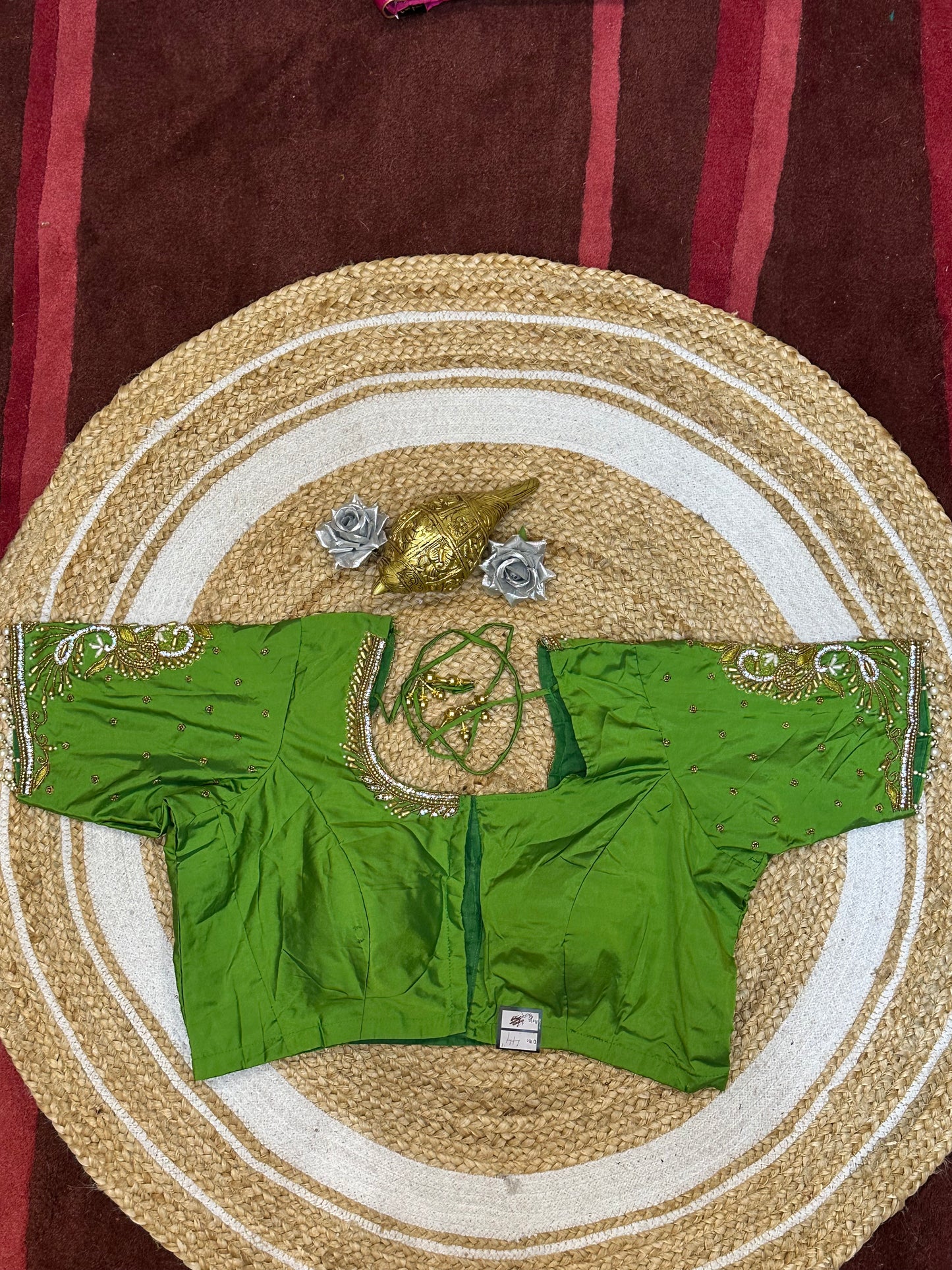 44” Size 14 Aari Worked Sari Blouse Indian Saree Top Silk Green B138