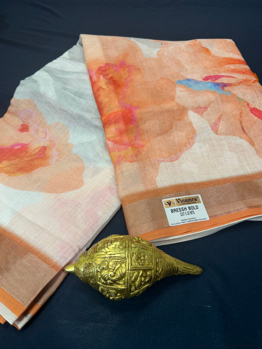 White & Peach Digital Printed Linen Sari Indian casual Saree C5