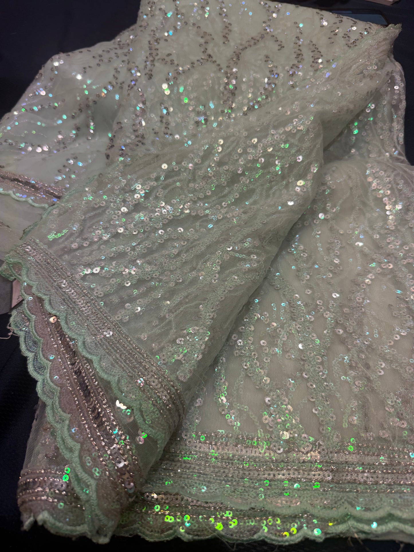 Net Sari Indian Bollywood Sequins Designer Fancy Party wear Saree Aqua Z2