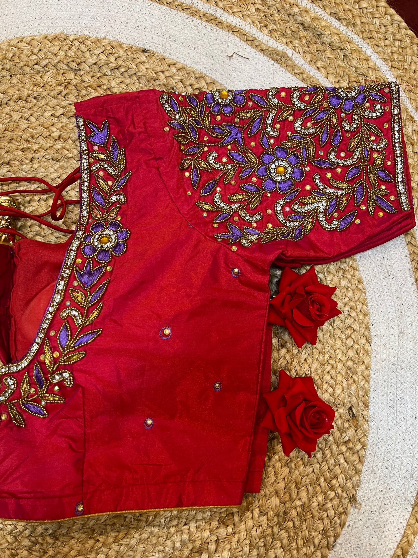 40” Aari hand Worked Sari Blouse Indian Top Choli Silk Red B32