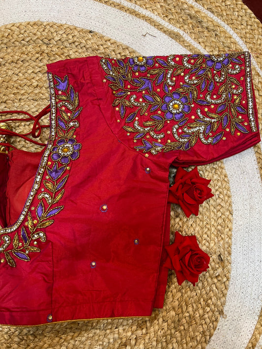40” Aari hand Worked Sari Blouse Indian Top Choli Silk Red B32